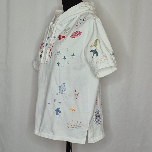 Johnny Was Cleo Short Sleeve Embroidered White French Terry Hoodie - Size S - Picture 2 of 16
